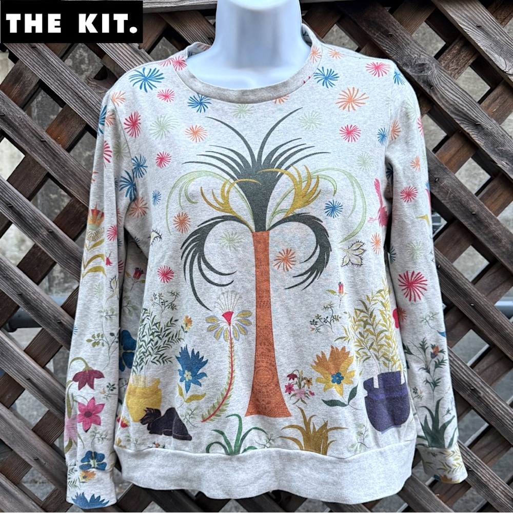 THE KIT Wmn’s Rumi Sweatshirt Palampore Tropical Botanical Animal Print Gray | S